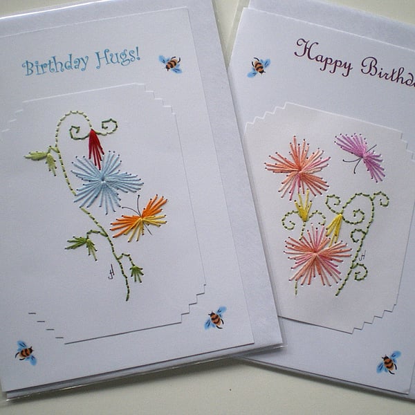 Two Hand embroidered cards,Colourful designs, and painted bees, R 66