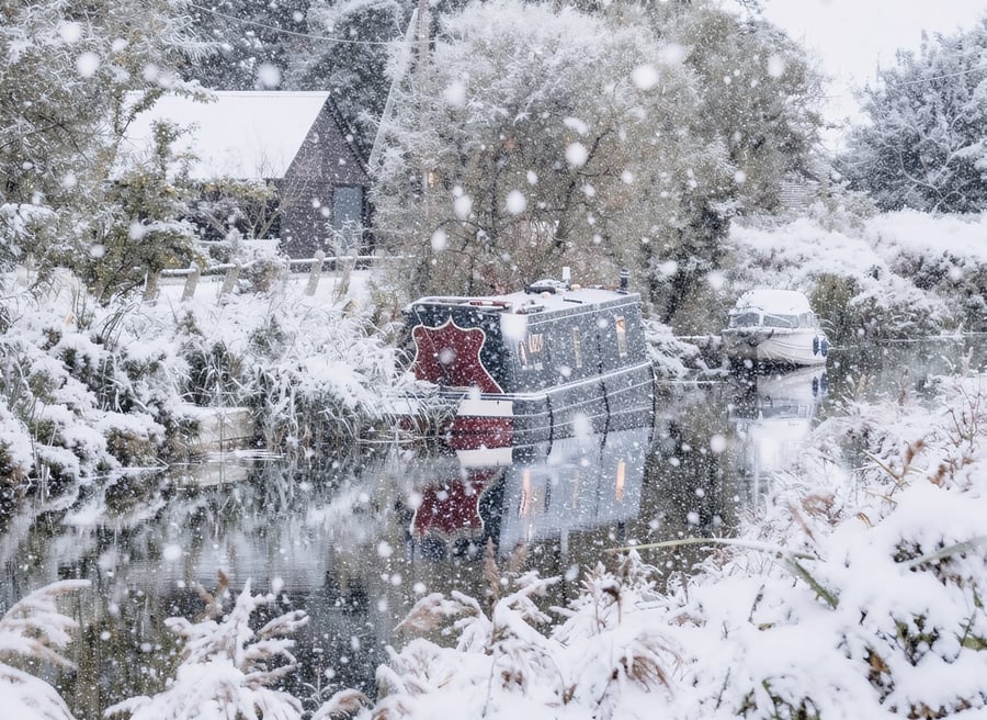 Narrow Boat on the Fens Norfolk Christmas Greeting Card A5