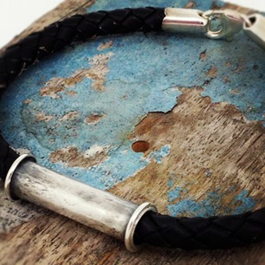 Men's Leather and sterling silver bracelet