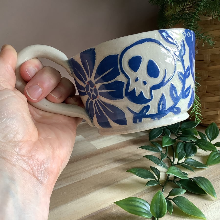 Handmade stoneware blue bird skull and flower mug tea cup stocking filler