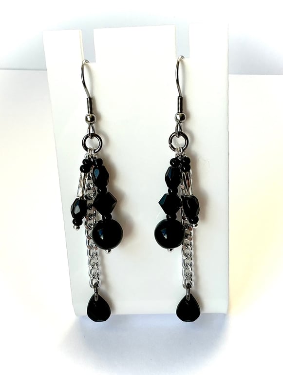Dangly Black Beaded Earrings with Chain Detail
