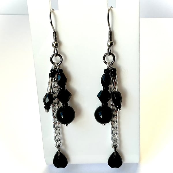 Dangly Black Beaded Earrings with Chain Detail