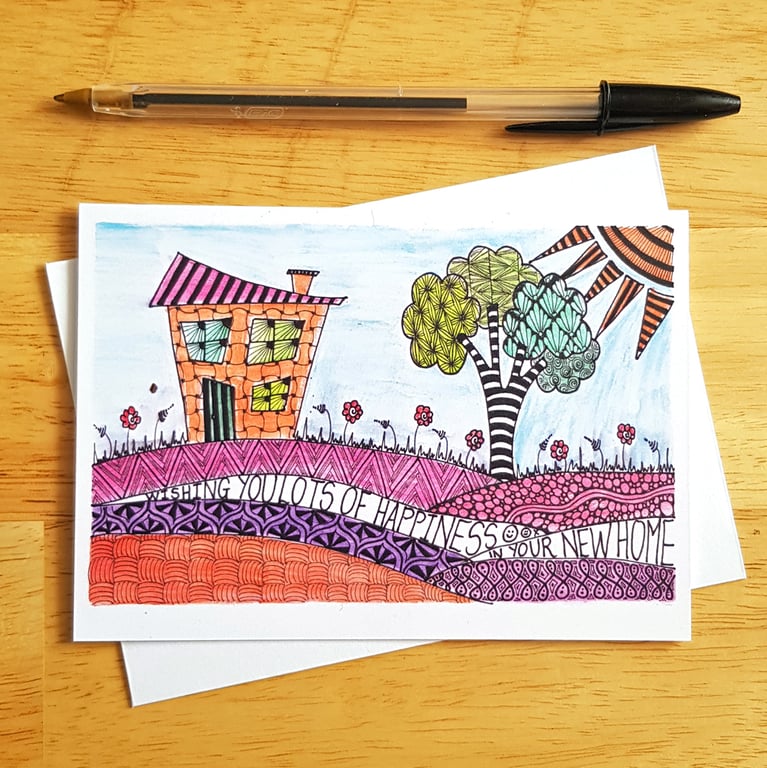 New Home Card - Colourful Doodle House Moving Card - Blank Inside