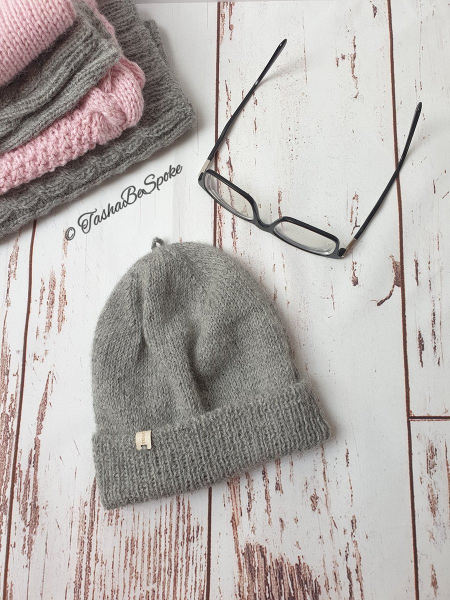 Hand knitted alpaca beanie grey wool slouchy winter unisex hat, 56 - 58 cm