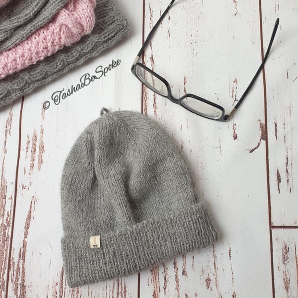 Hand knitted alpaca beanie grey wool slouchy winter unisex hat, 56 - 58 cm