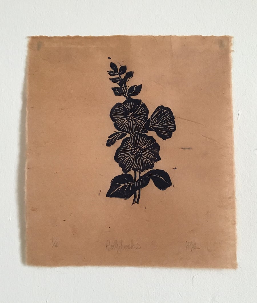 Hollyhocks, linoprint on handmade Nepalese paper