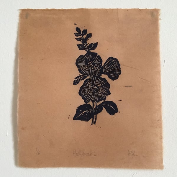 Hollyhocks, linoprint on handmade Nepalese paper