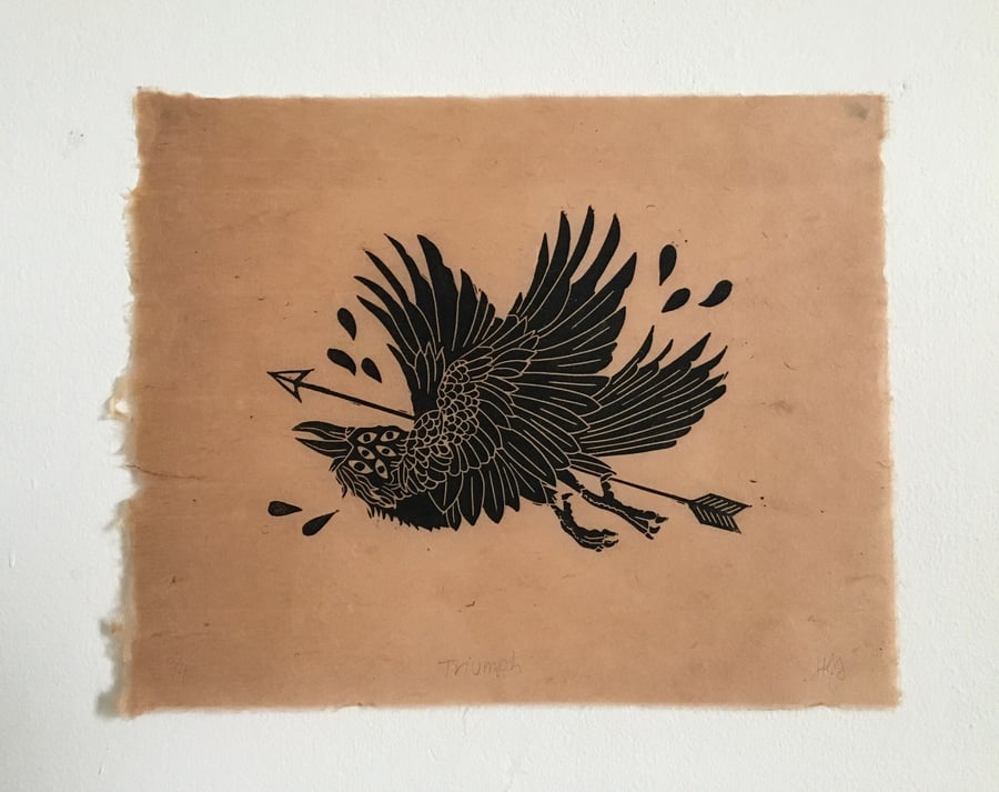 Triumph, linocut print on Nepalese paper