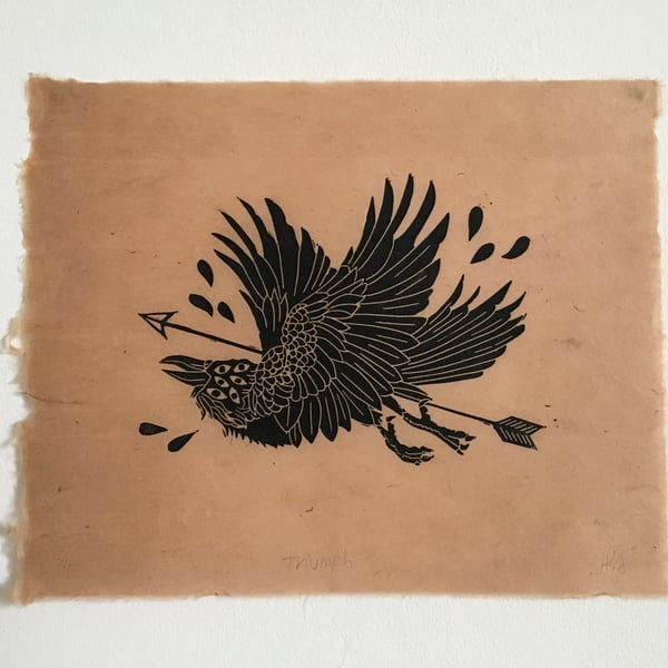 Triumph, linocut print on Nepalese paper