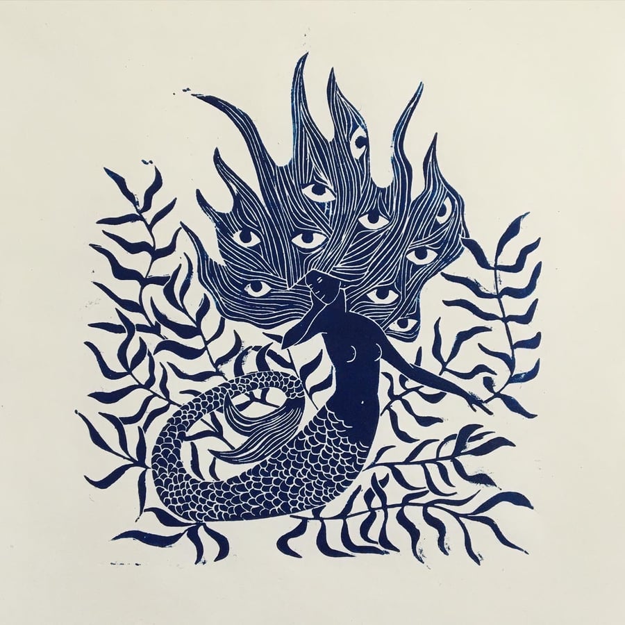 Ceto, linocut mermaid in deep blue. 