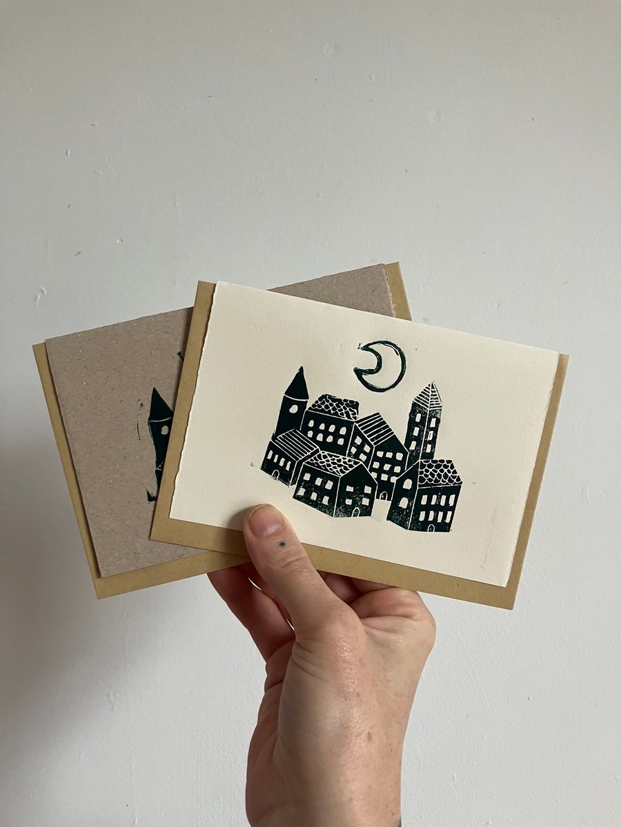 Moonlight Village Gift Card, handprinted linocut card. 