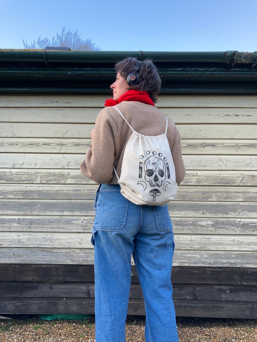 Third Eye, hand printed drawstring backpack
