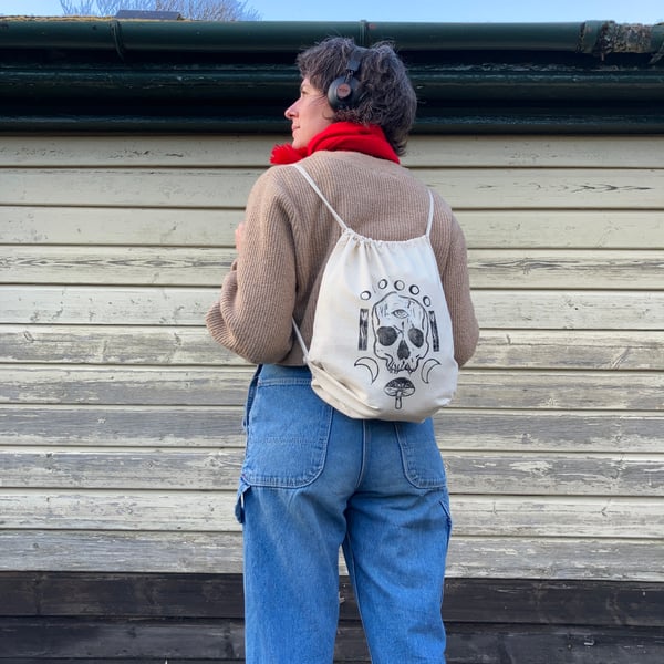 Third Eye, hand printed drawstring backpack