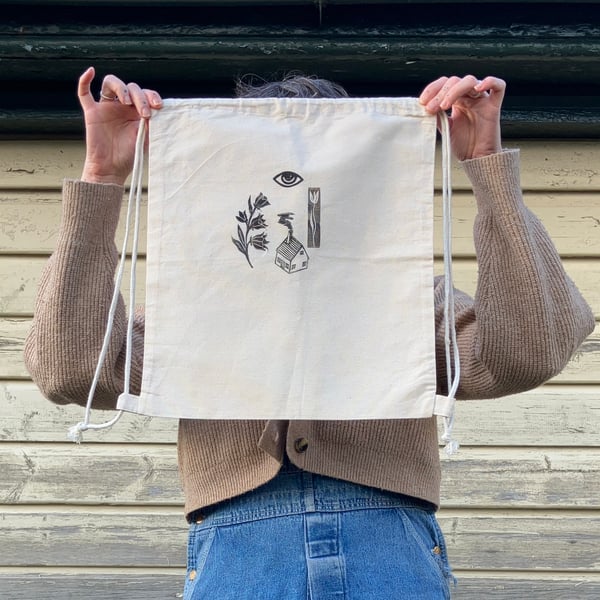 Witch's House linocut print drawstring backpack