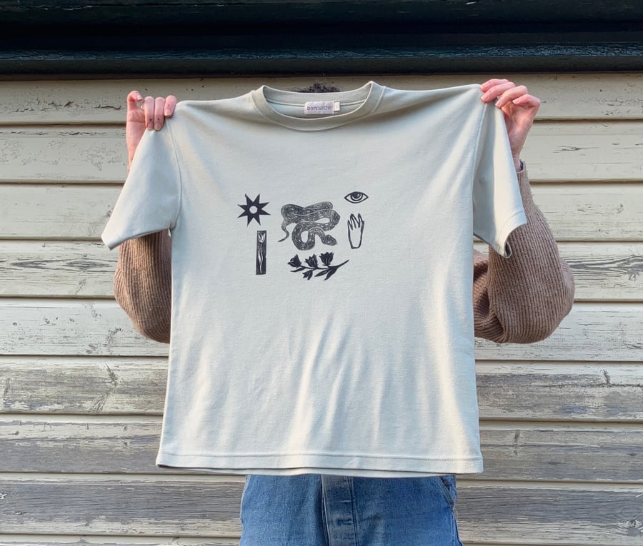 Snake Magic linocut printed upcycled T-Shirt