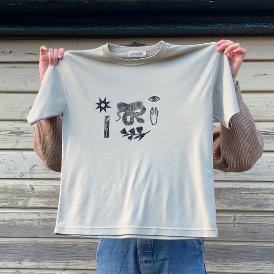 Snake Magic linocut printed upcycled T-Shirt