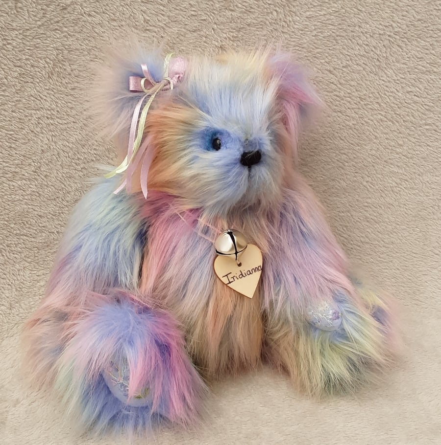 Hand embroidered rainbow Collectable bear, unique handmade Artist teddy bear