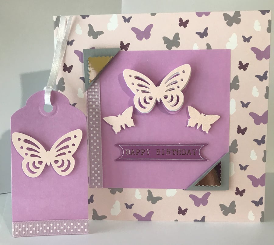 Handmade butterfly Lilac pink happy birthday card 6 x 6 ins matching gift tag 