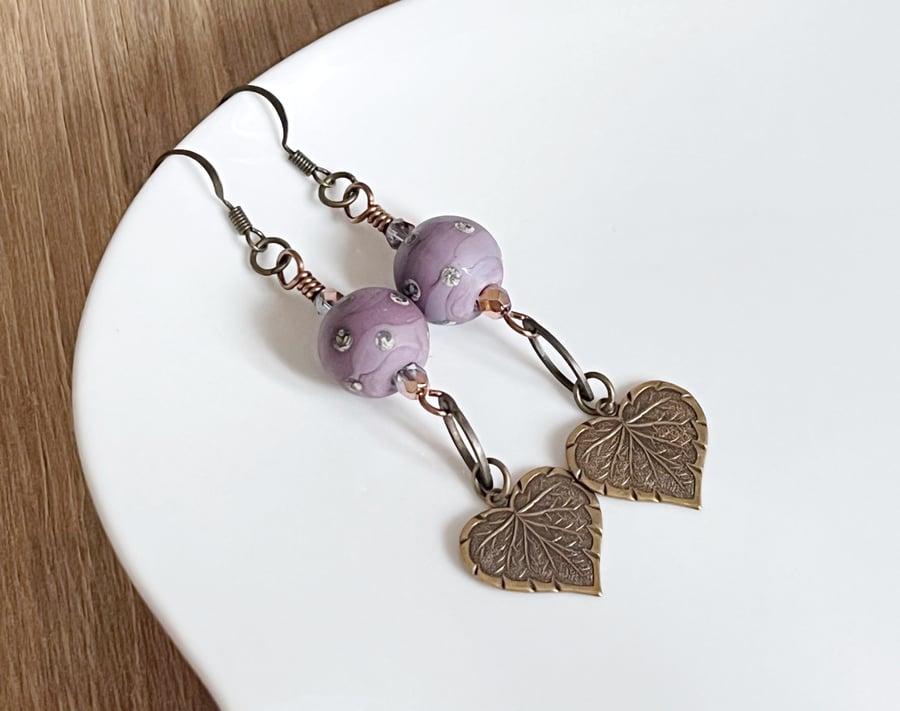 Lilac and bronze boho leaf earrings with lampwork beads