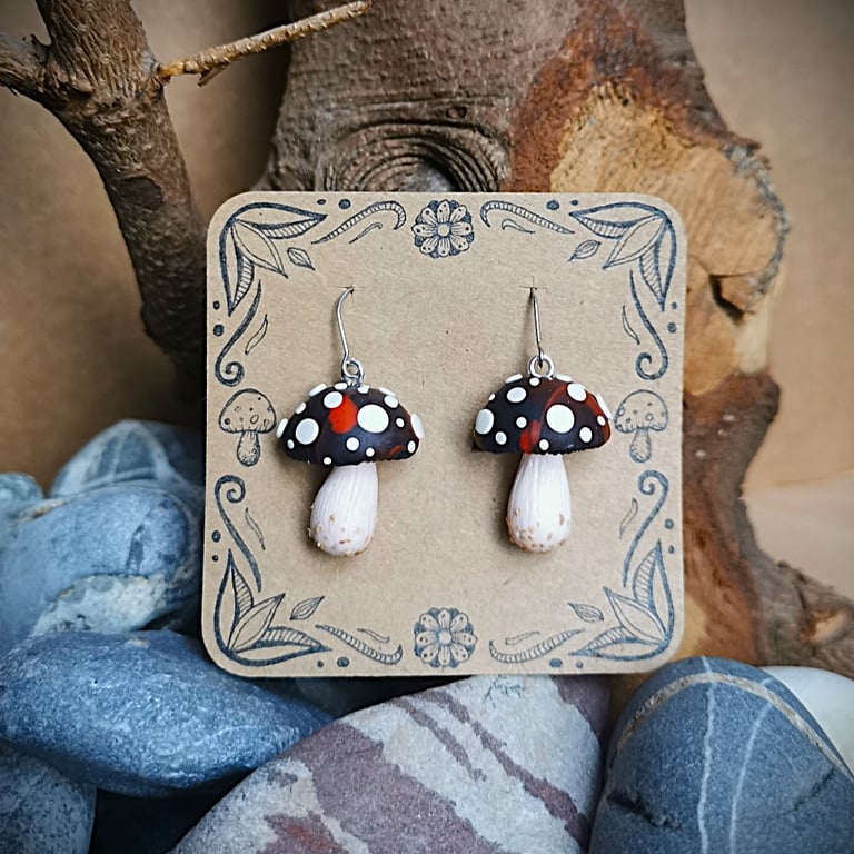 Dark Red Spotty Mushroom Earrings