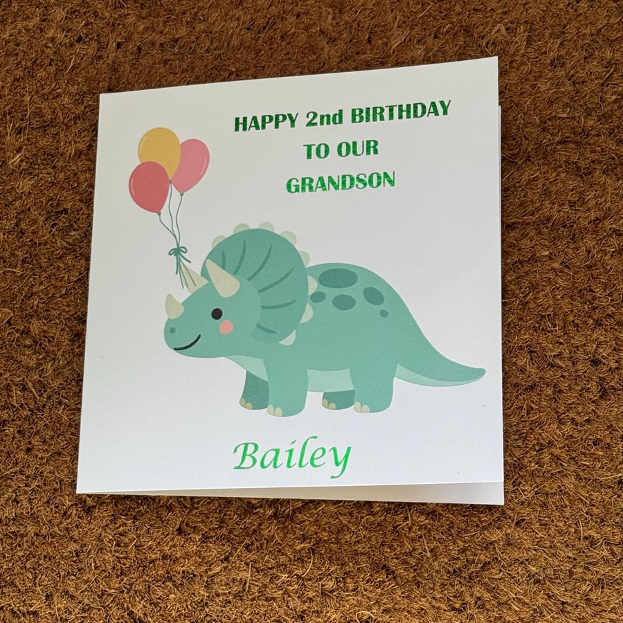 Dinosaur Birthday Card Foiled Message with Name & Age Dino with Balloons.