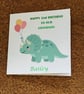 Dinosaur Birthday Card Foiled Message with Name & Age Dino with Balloons.