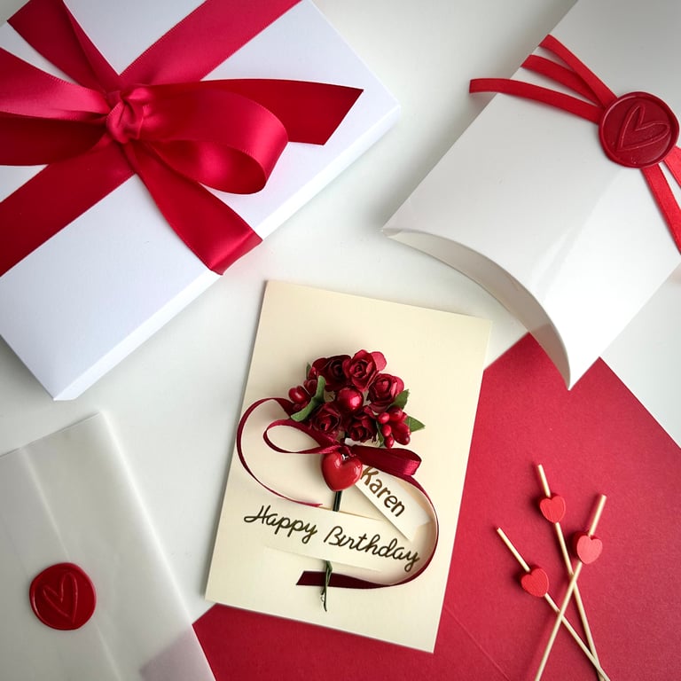 Personalised red rose birthday card for wife romantic 3D floral keepsake gift