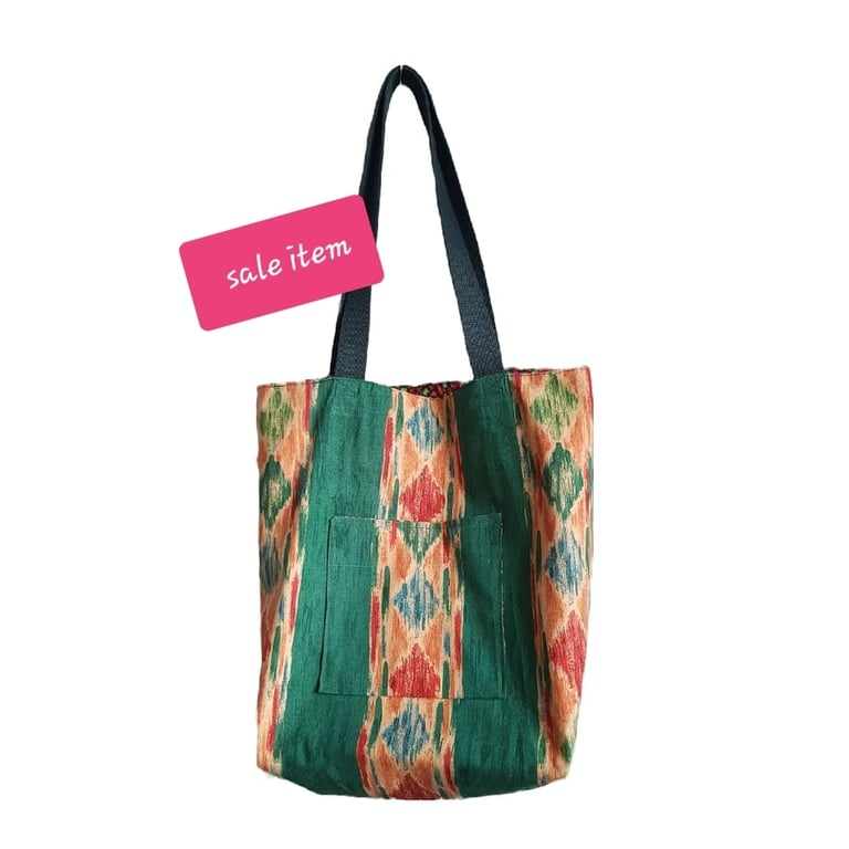  Tote bag; Ikat design fabric dark green with long handles