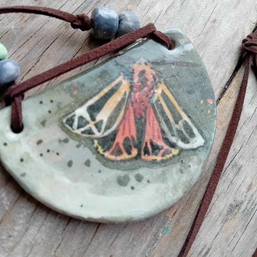 Moth necklace pendant rustic porcelain clay green grey