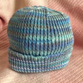 Adult Beanie Hat Ice Blue Multi Stripes Hand Knitted Arthritis Charity Donation 