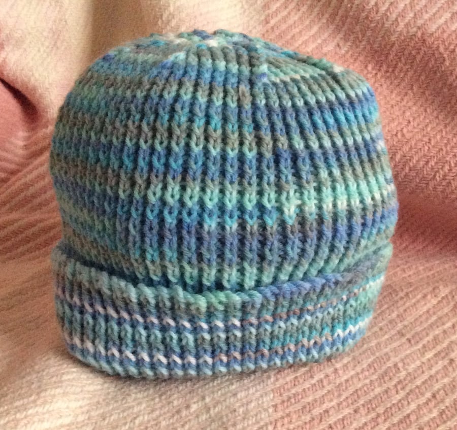 Adult Beanie Hat Hand Knitted in ice blue Multi Stripes 