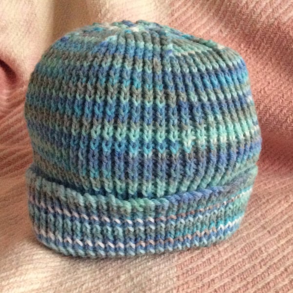 Adult Beanie Hat Hand Knitted in ice blue Multi Stripes 