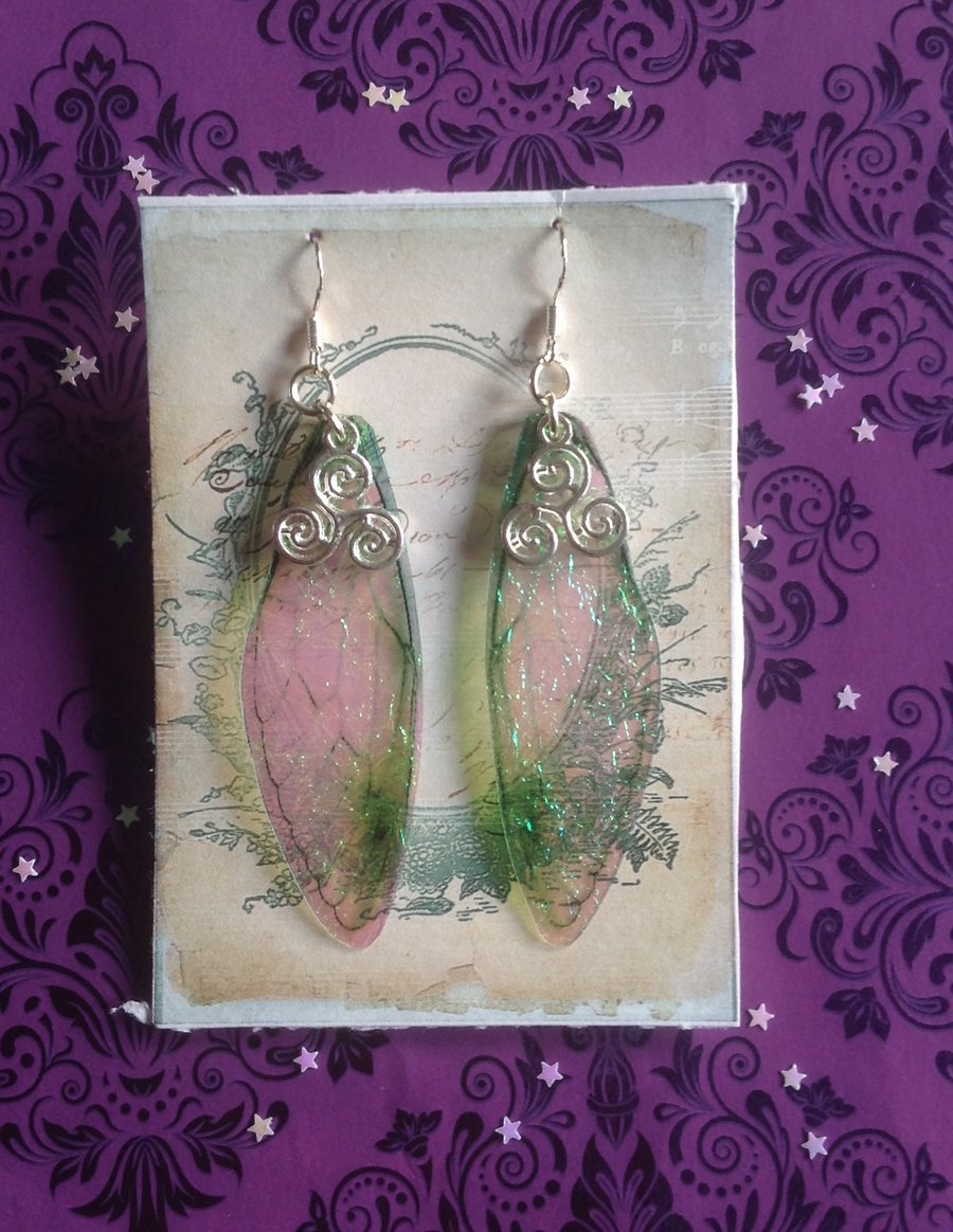 Light Green Triskelion Iridescent Large Fairy Wing Sterling Silver Earrings