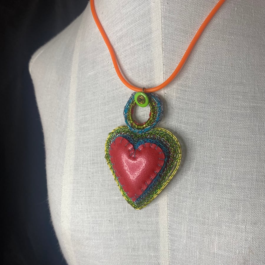 Large red rubber and wire heart pendant from recycled materials
