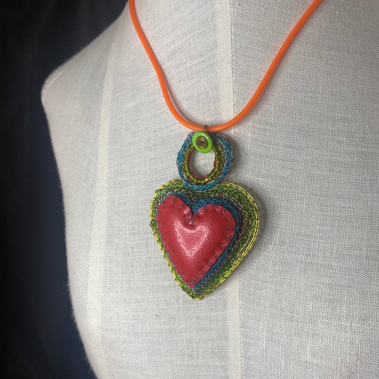 Large red rubber and wire heart pendant from recycled materials