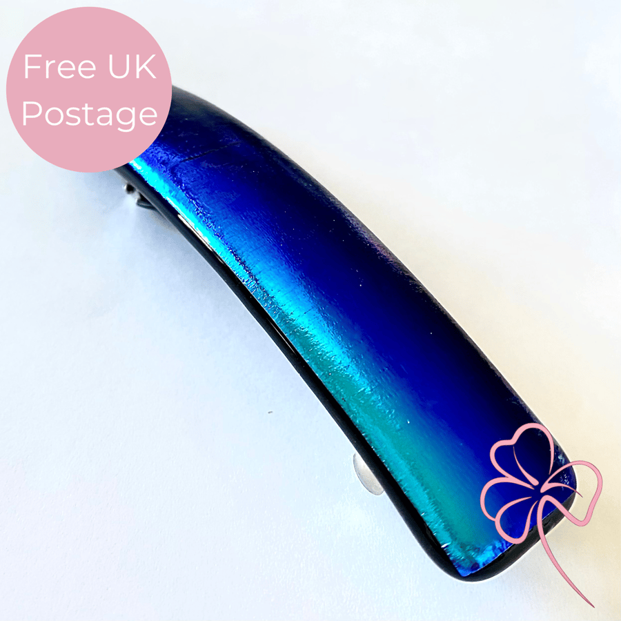 Handmade Electric Blue Iridescent Dichroic Fused Glass Hair Barrette