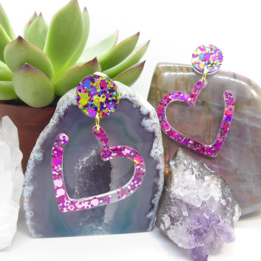Pink, Gold and Purple Statement Heart Earrings in Resin