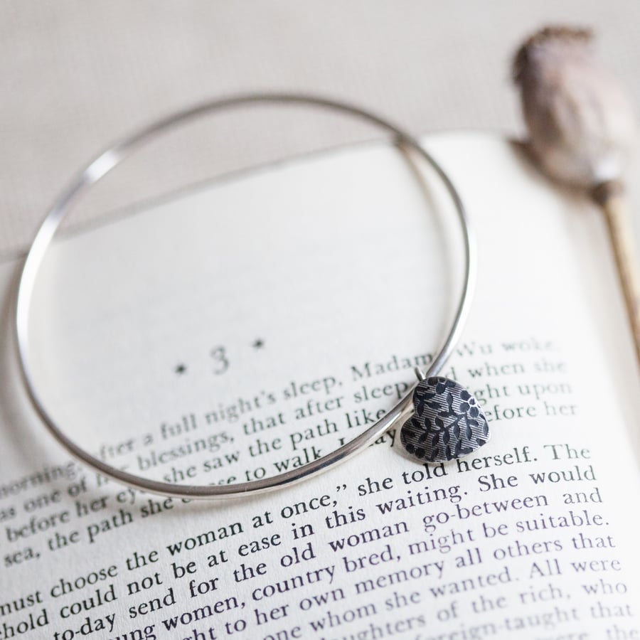 Solid Silver Heart Charm Bangle