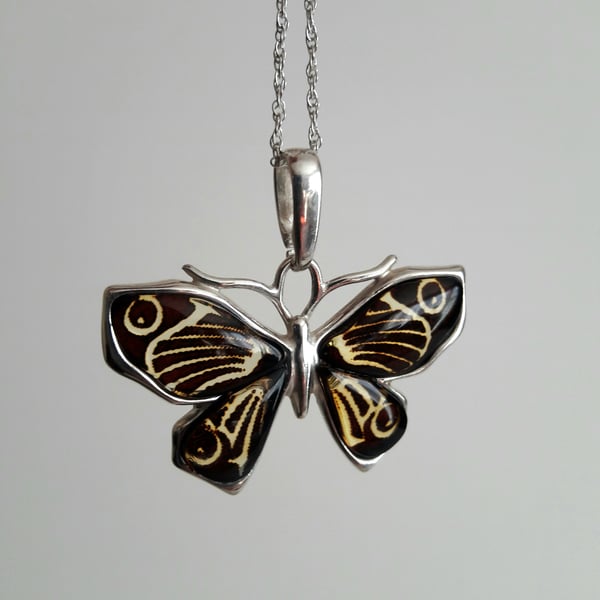 Amber Cherry Carved Butterfly and Sterling Silver Necklace. Wildlife, Butterfly