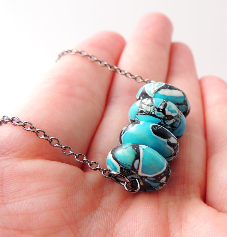 Blue Mosaic Beaded Necklace - Magnesite Stone Pendant - Gunmetal Black Chain
