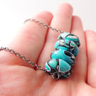 Blue Mosaic Beaded Necklace - Magnesite Stone Pendant - Gunmetal Black Chain