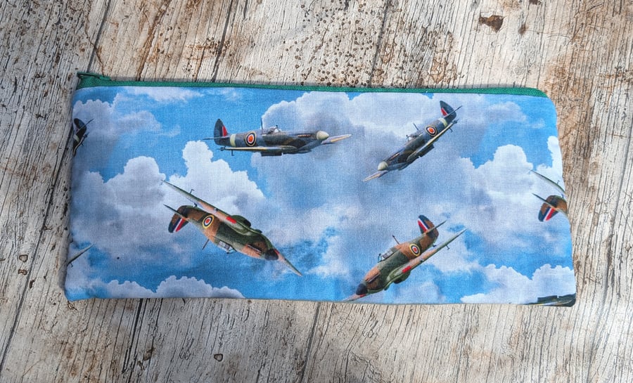 Spitfire patterned long wide pencil case, vintage planes, Stationary, School