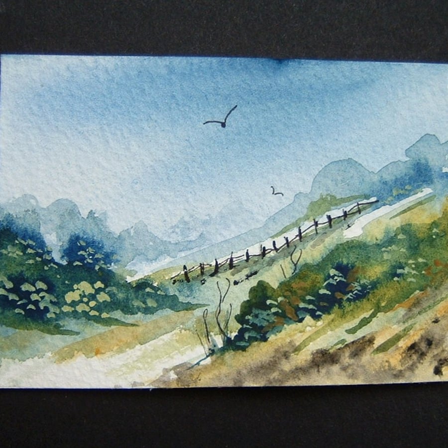 watercolour original landscape country scene aceo SFA art painting ref 176