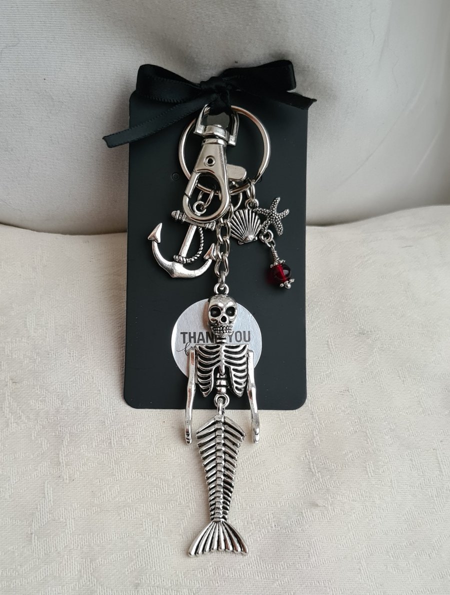 Macabre Mermaid Skelly Key Ring - Bag Charm - Key Chain.