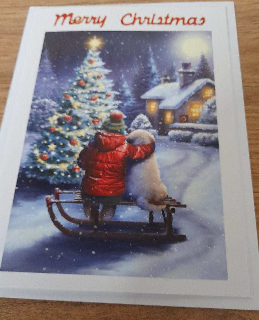 CUTE CHILD AND DOG CHRISTMAS SCENE, MERRY CHRISTMAS CARD.