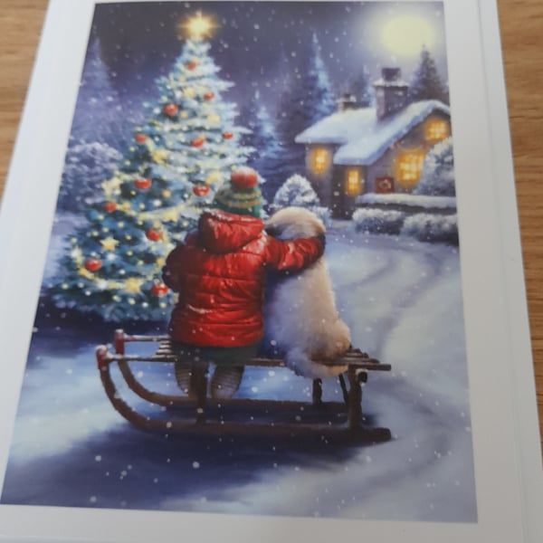 CUTE CHILD AND DOG CHRISTMAS SCENE, MERRY CHRISTMAS CARD.