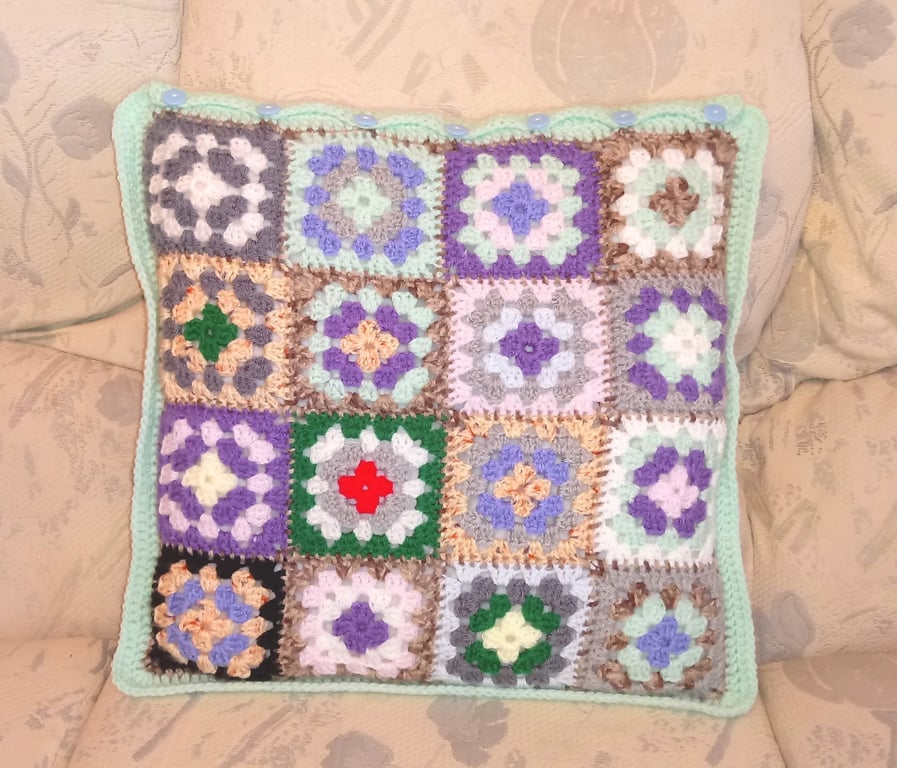 Cushion cover with granny squares and turquoise edging, 40 x 40 cm, handmade