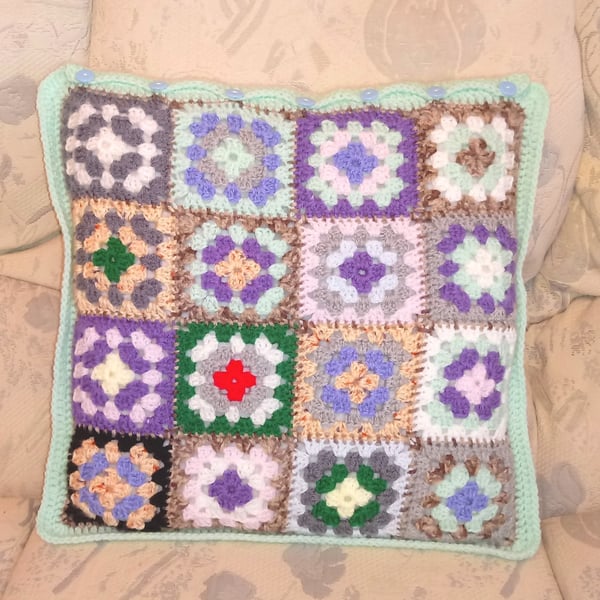 Cushion cover with granny squares and turquoise edging, 40 x 40 cm, handmade