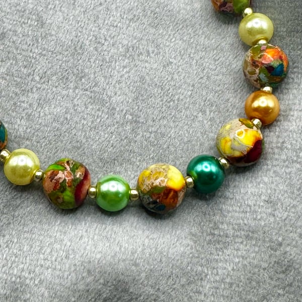 Green glass pearl and Jasper bracelet