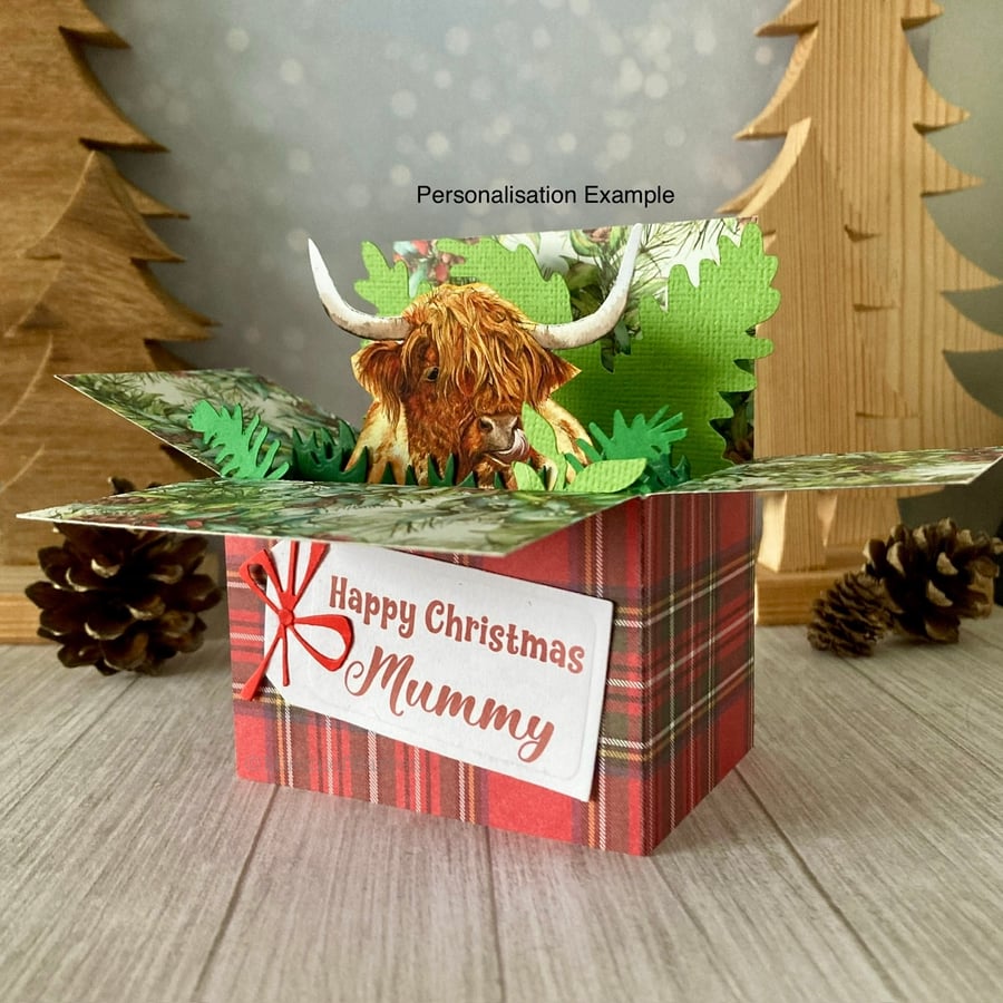 Highland Cow Christmas card. Personalised or blank Scottish coo gift card.
